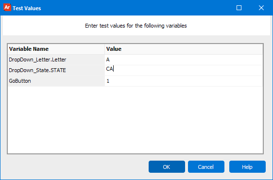 This image shows the Test Values dialog box where you provide values for testing the query.